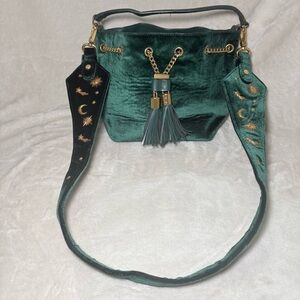 Charles & Keith Green Velvet Crossbody Bucket Bag Purse with Gold Details